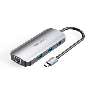 - Vention USB-C to HDMI/USB 3.0x3/RJ45/PD Docking Station 0.15M Gray